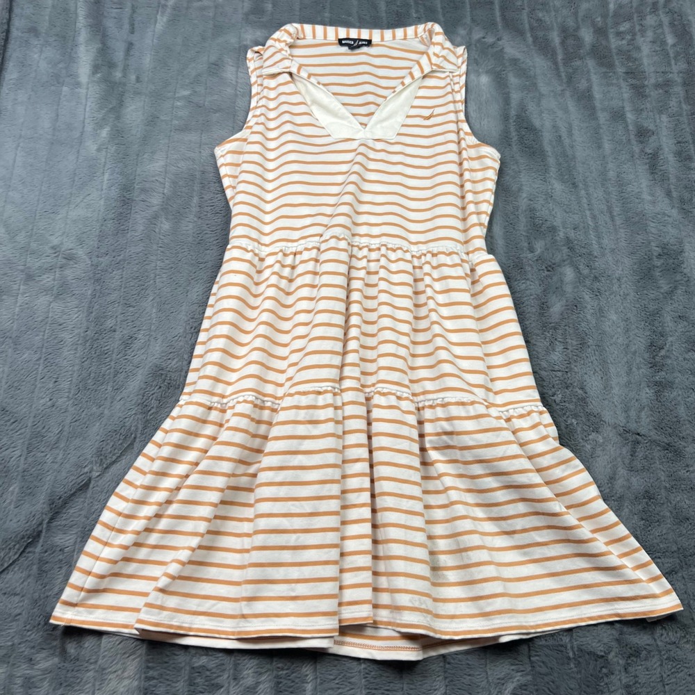 Nautica Jeans Womens Orange White Striped Sleeveless Tiered Mini Dress Size M